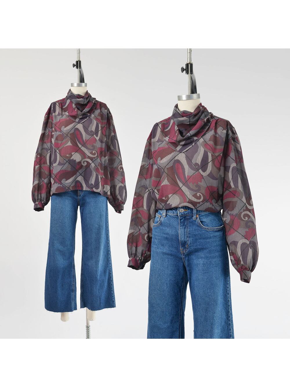 Vintage 80s Paisley Blouse Sheer Scarf Neck Purple Burgundy Top Long Sleeve M